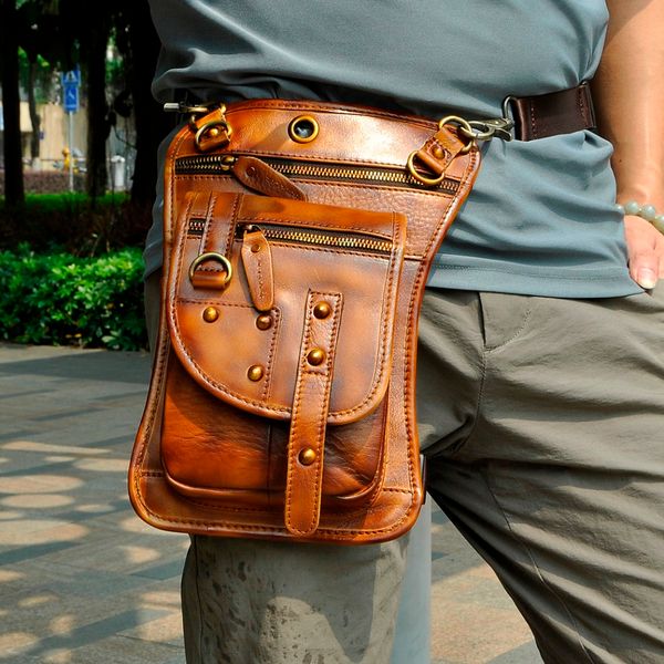

quality leather men design casual 8" tablet messenger sling bag multifunction fashion travel waist belt pack leg drop bag 2141l