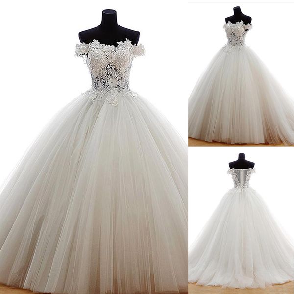 

see through tulle off-the-shoulder neckline ball gown wedding dress with venice lace exquisite bodice highlighing bridal dress, White