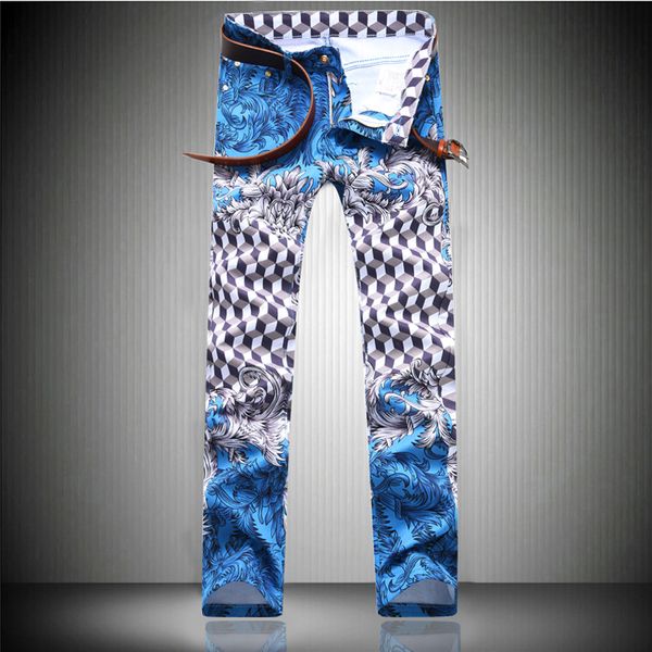 

2018 spring new mens zipper jeans colorful printing nightclubs skinny denim pants fashion street jeans trousers size 29-38, Blue