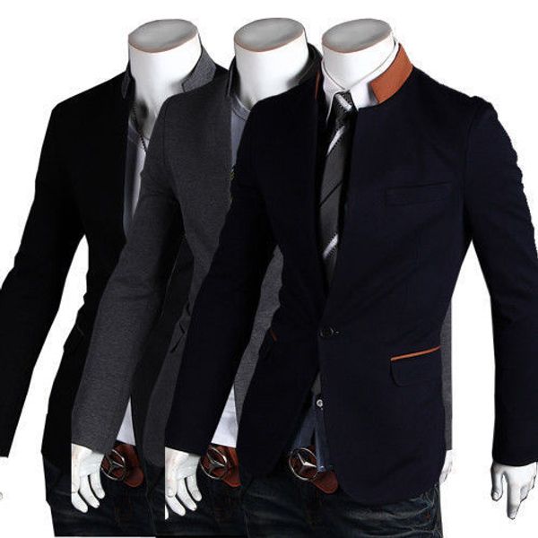 

brand men's fashion suit coat jacket one button stand collar formal blazer slim fit jackets outwear 3 colors, White;black