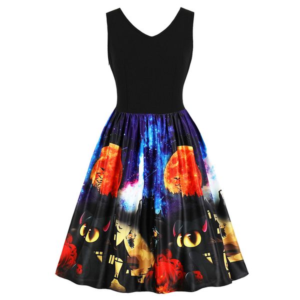 

wipalo halloween vintage pumpkin and bat printed pin up dress sleeveless v neck knee length swing dress retro 1950s vestidos, White;black