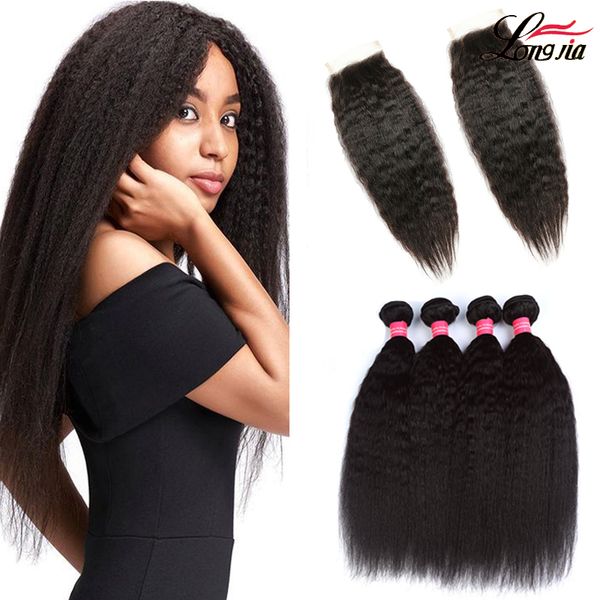 

brazilian kinky straight hair weave bundles with closure human virgin hair 3 bundles with lace closure yaki human hair extensions, Black