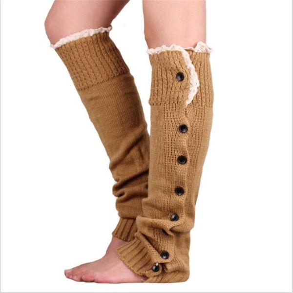 

2017 new sale button lace women knitted winter boots socks cuffs fashion knee high polainas ladies' beenarmers, Black;white