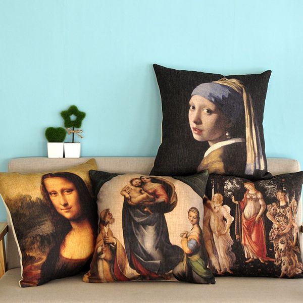

4 tyle european retro cla ical famou painting cu hion cover mona li a the girl with a pearl earring cu hion cover linen pillow ca e