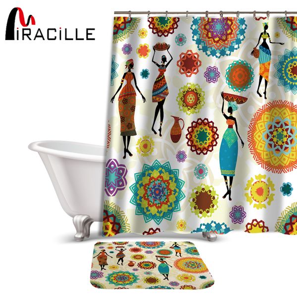 

miracille hippie style waterproof bathroom african dance women print shower curtains non-slip bath mat set for doormat outdoor