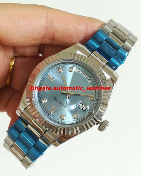 

luxury watches 41mm stainless steel bracelet 18k fluted bezel watch-ice blue diamond dial automatic men's watch wristwatch, Slivery;brown
