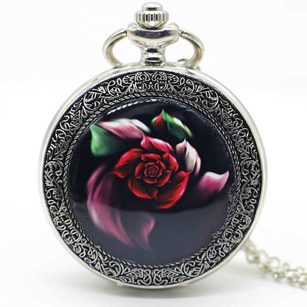 

vintage silver/bronze rose pattern quartz pocket watch with necklace men women watches chain gift ps481, Slivery;golden