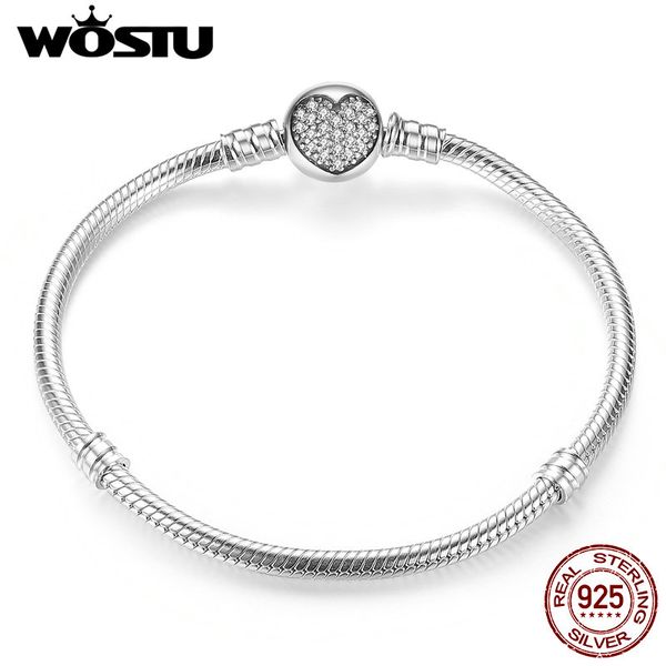 

925 sterling silver plated sparkling heart snake chain fit original charm bracelet bangle for women fine jewelry accessory xchs916, Golden;silver