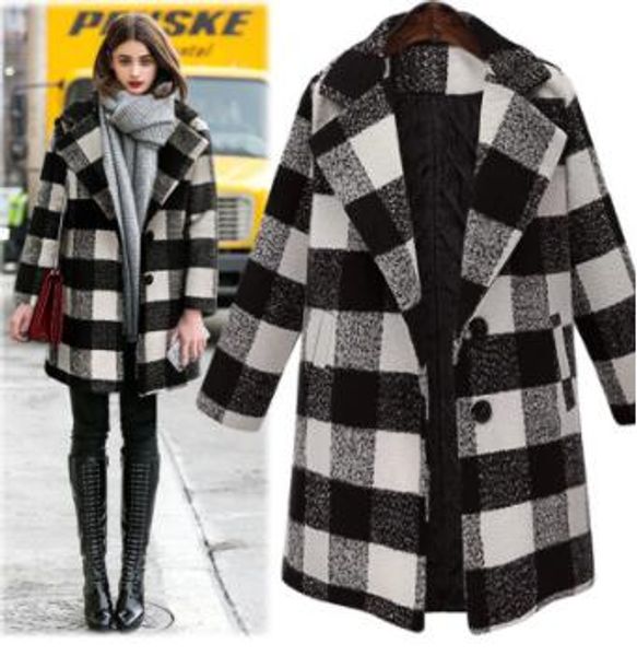 

women single breasted woolen jackets coats plaids designer winter loose fashion coats, Black