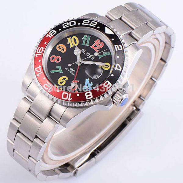 

40mm bliger date day ceramic bezel gmt luminous sapphire automatic watch, Slivery;brown