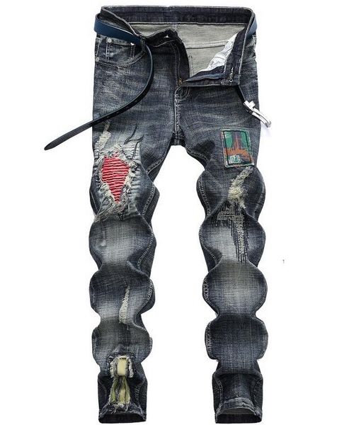 

brand new mens ripped fold panelled blue jeans straight vintage slim fit designer retro bleached pleated biker denim pants streetwear 9702