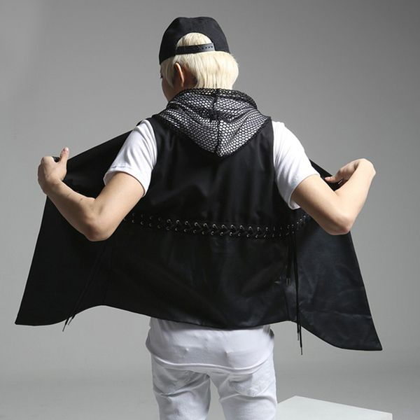 

unique men's drawstring design cotton pu leather vest fashion black brand slim fit waistcoat, Black;white