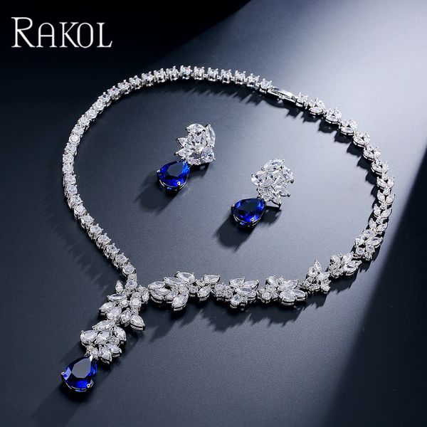 

rakol exclusive dubai gold color jewellery luxury cubic zirconia necklace earring bracelet party jewelry set for women, Silver