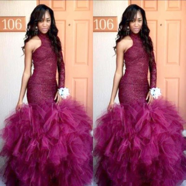 

grape purple prom dresses one shoulder long sleeve lace ruffles tiered tulle mermaid trumpet evening dress formal party gown custom size, Black