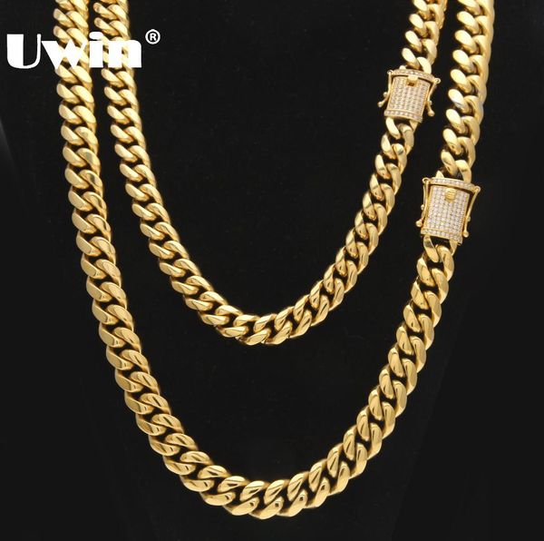 

uwin stainless steel cuban link chain with bling cz zirconia triple lock luxury necklace 12&14mm hiphop men jewelry, Silver