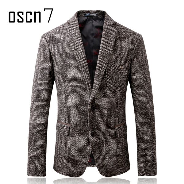 

oscn7 winter thicker woolen tweed jackets men 2017 solid grey slim fit blazer men anti-wear sleeve patches design mens blazer, White;black