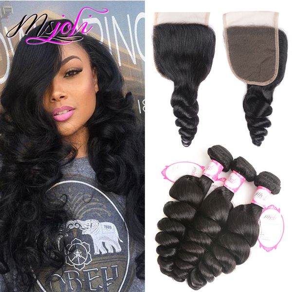 

9a brazilian virgin human hair weave unprocessed body wave loose silky straight natural color 4x4 lace closure with 3 bundles from ms joli, Black;brown