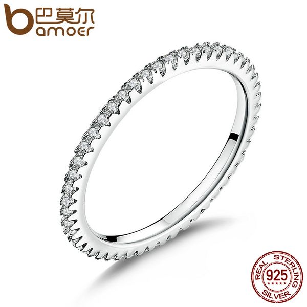 

bamoer classic 925 sterling silver circle clear cz geometric stackable rings for women wedding jewelry gift scr066