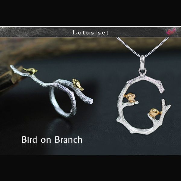 

lotus fun real 925 sterling silver original handmade fine jewelry bird on branch jewelry set with open ring pendant necklace, Black