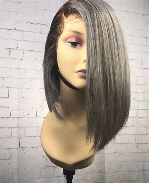Hot Brazilian Grey Bob Full Lace Human Hair Wigs Straight Silver