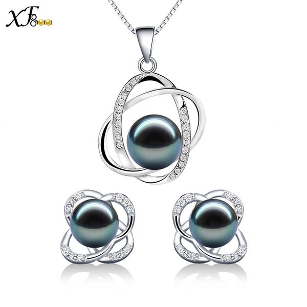 

xf800]pearl jewelry sets natural fresh water pearl necklace pendant earrings trendy wedding gift for women girl st22, Black