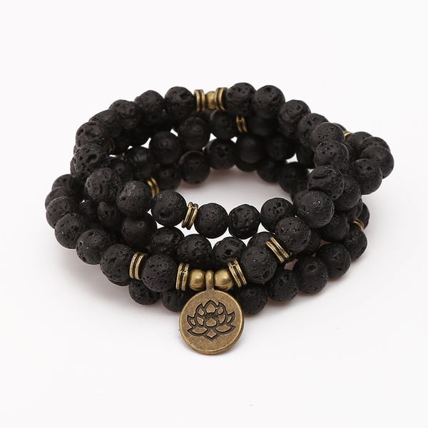 

black lava stone beads with lotus om buddha charm yoga bracelet or necklace natural stone 108 mala jewelry dropshipping, Golden;silver