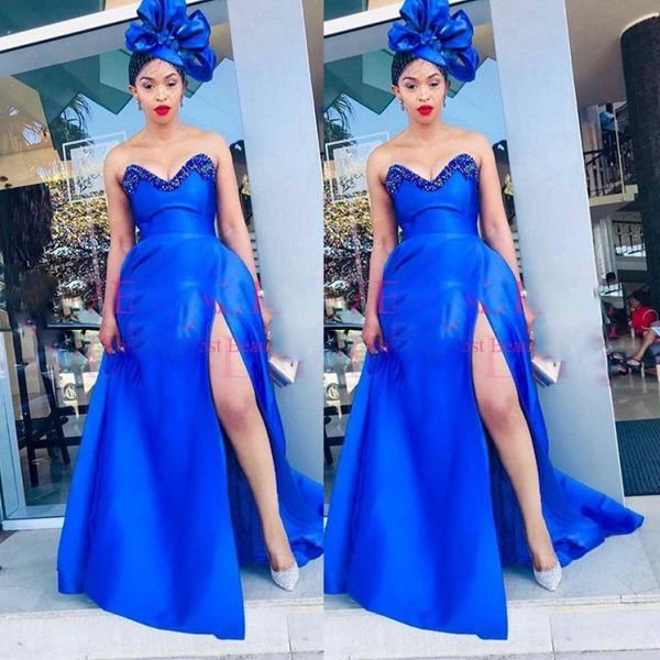 Azul royal querida vestidos de baile 2018-2019 sexy alta dividir vestidos de noite de cetim até o chão mulheres árabes desgaste formal vestidos