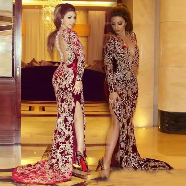

lebanon high split evening dresses burgundy mermaid plunging v neck lace applique long sleeves arabic celebrity party prom gowns, Black