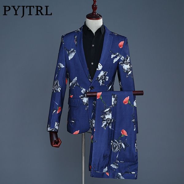 

pyjtrl 2018 fashion latest coat pant designs black navy blue floral print bridegroom wedding suits for men stage singer costume, White;black