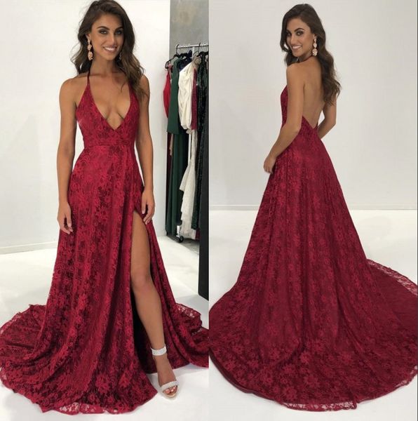 

burgundy backless prom dresses deep v neck a line side split evening gowns vestidos de fiesta sweep train formal dress, Black
