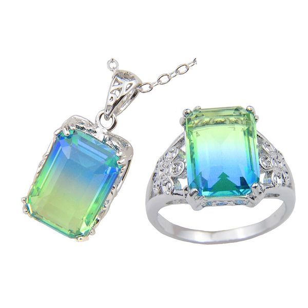 

luckyshine 5sets/lot fashionable vintage tri-colored tourmaline crystal zircon 925 silver women holiday gift pendant necklace rings