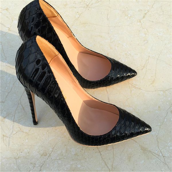 Novo padrão de cobra de pele laca preta com sapatos de salto alto pontiagudos finos, mulheres elegantes sapatos sexy, personalizado 33-45
