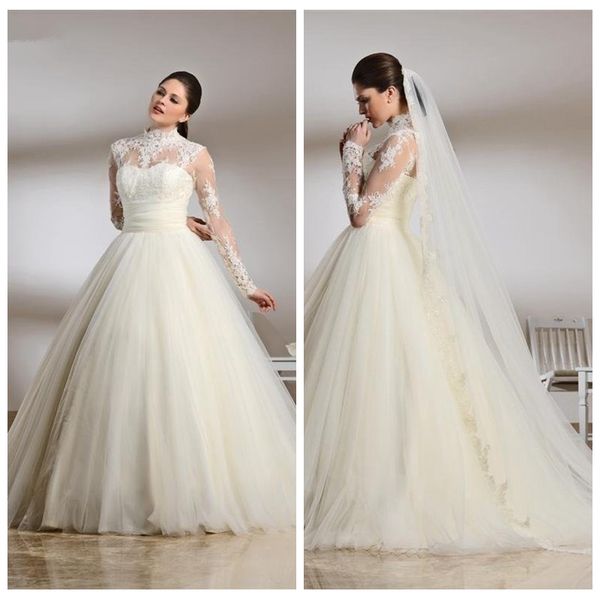

sheer high neck long sleeves muslim 2019 wedding dresses lace bridal gowns middle east garden vestidos de marriage garden for ladies, White