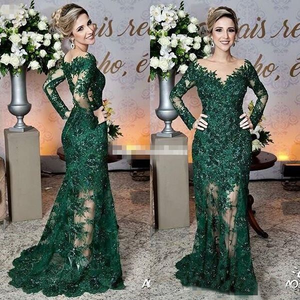 

2018 Newest Dark Green Mother of The Bride Dresses Sheer Jewel Neck Lace Appliques Long Sleeve Mermaid Formal Evening Wear Prom Dresses