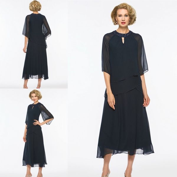 

navy tea length mother of the bride dresses for weddings 2018 beads half sleeve moms gowns plus size formal evening dresses, Black;red
