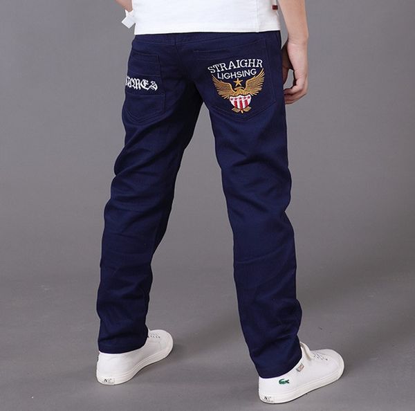 

2018 new children big baby boy denim jeans teens embroidery trousers kids school boy casual cotton letter pants 3-12y clothes, Blue
