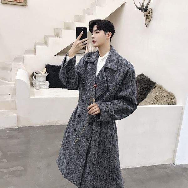 

mens wool blend coat double breasted mens stripe coat winter kaban ceket outwear belt type jacket casaco masculino erkek mont, Black