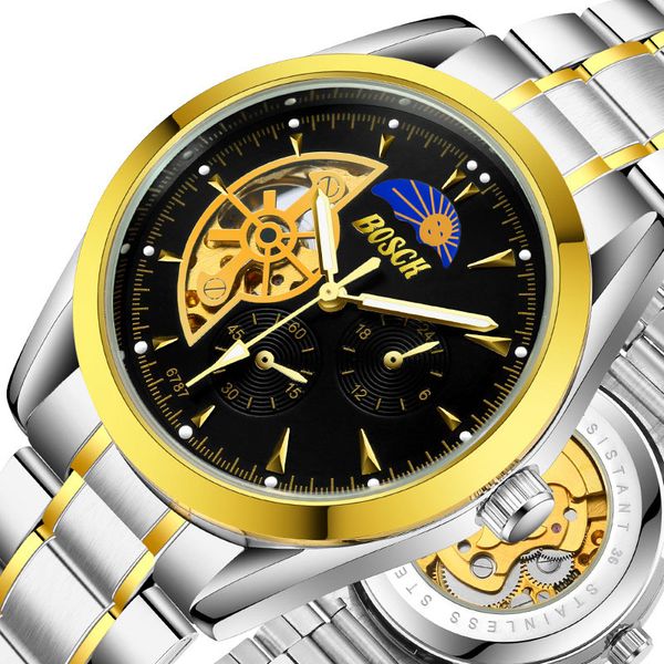 

wengle new 2018 fashion upscale steel strip hollow flywheel stars through bottom automatic luminous mechanical watches, Slivery;brown