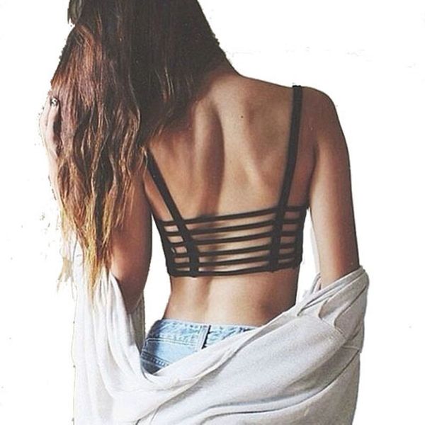 

summer small hollow striped cropped modal cotton suspenders with chest pad wild tide women bralette girl, Black;white