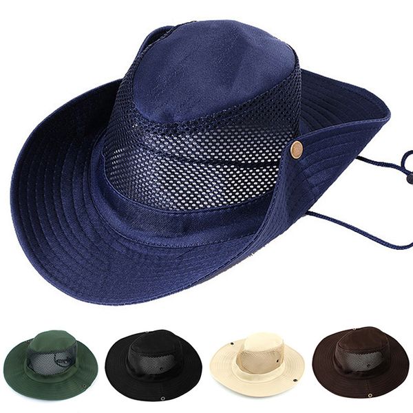 

men women's outdoor wide brim sun hat side snap chin cord fishing hiking cap camouflagesummer jungle hunting hats, Black;white