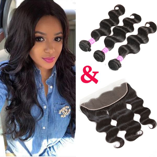 Pacotes de onda do corpo de cabelo virgem brasileira com onda frontal unprocessd onda de cabelo humano tece com orelha de fechamento para orelha lace frontal dhgate venda