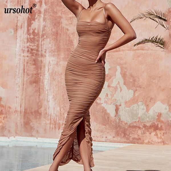 

ursosummer split strap ruched dress perspective long clubwear elegant bodycon maxi dress mesh organza wrinkle women's, White;black