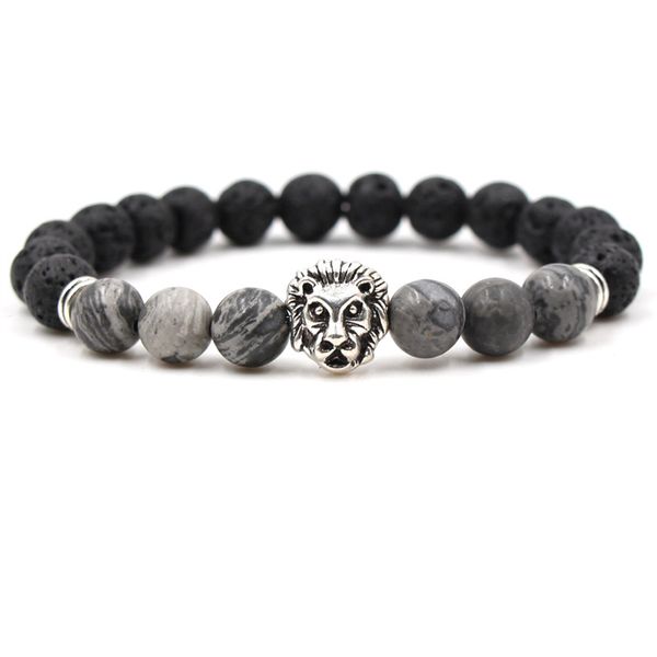 

8mm beaded strands bracelet silver plated lion lazuli tigereye green red grey beads halloween gift men alloy yoga bracelets bangles, Black