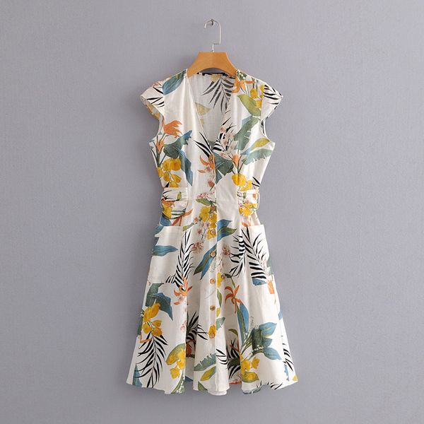 

Euro Fashion Women Clothes Sexy V-neck Short Sleeve Flowers Print Slim Dress Women Casual Summer Dresses