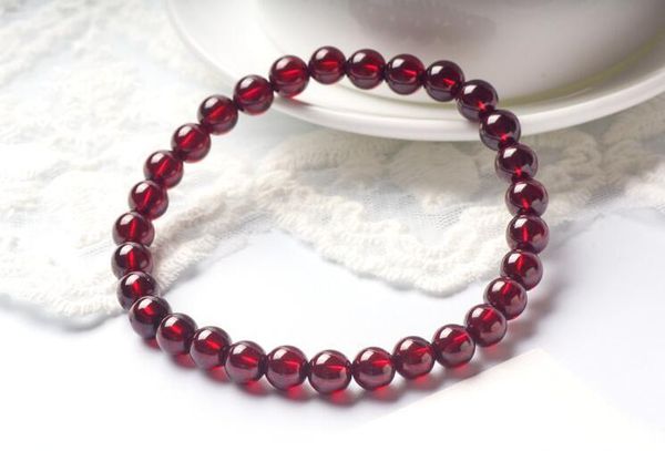 

100% natural wine red garnet women gift beads link chain bracelet 6mm, Golden;silver