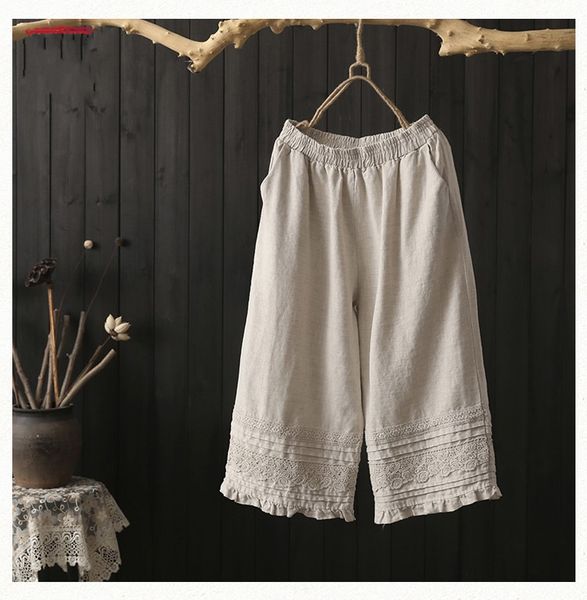 

ruffled lace lacing patchwork cotton linen solid color wide leg pants female mori girl 2018, Black;white