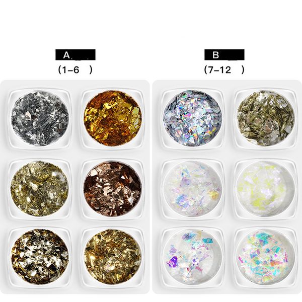 

6pcs/set nail glitter sequin glass paper iridescence paillette irregular tin foil nail art tip flakes art decoration mz0350, Silver;gold