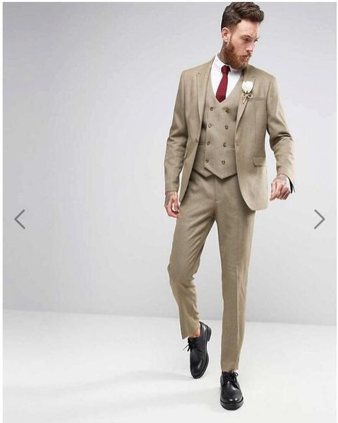 Venda quente Groomsmen Pico Lapela Noivo Smoking Khaki Homens Ternos de Casamento / Prom Melhor Homem Blazer (Jacket + Pants + colete + Gravata) A238