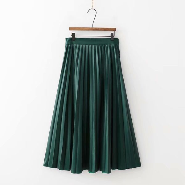 

women vintage faux leather green color pleated long skirt faldas mujer ladies side zipper streetwear casual chic skirts qun178, Black