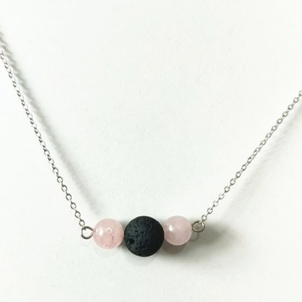 

fashion pink crystal lava stone necklace volcanic rock aromatherapy essential oil diffuser necklace for women jewelry, Silver